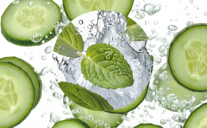 Rodajas de pepino y hojas de hierbabuena con agua b'ui